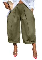 Calça capri feminina DINGANG, cintura alta, perna larga, verde