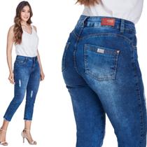 Calça Capri Feminina HNO Jeans Cintura Alta Barra Dobrada Azul