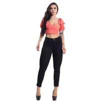 Calça Capri Feminina Jeans Com Licra Cintura Alta Com Efeito Levanta Bumbum Preto Liso 25 - Kaena