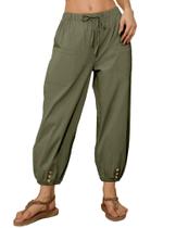 Calça capri feminina WROLEM, casual, folgada, com cordão, verde