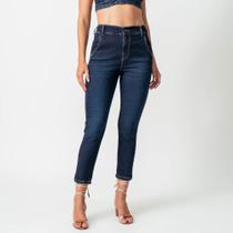 Calça Capri Jeans Confort Cintura Alta Bolso Faca