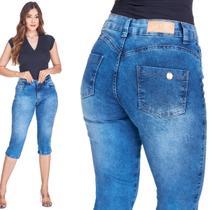 Calça Capri Jeans Feminina HNO Cintura Alta Elastano Azul Claro