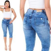 Calça Capri Jeans Feminina HNO Cintura Alta Elastano Azul Claro