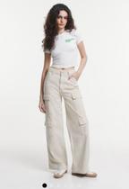 Calça Cargo 100% Jeans Original Wide Leg Bege Pantalona