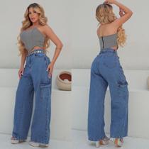 Calça Cargo Feminina Jeans Wide Leg Cintura Alta Estilo Calça Cargo Feminina Jeans Wide Leg Cintura Alta Estilo
