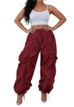 Calça cargo feminina LROSEY, folgada, babada, perna larga, vinho