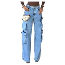 Calça Cargo Feminina Wide Leg Cintura Alta Clara bolso Cidar Calça Cargo Feminina Wide Leg Cintura Alta Clara bolso Cidar