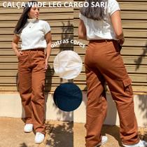 Calça Cargo Feminina Wide Leg Sarja