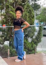 Calça Cargo Jeans Blogueirinha Juvenil Com Regulagem Com Bolsos Laterais Wide Leg 8 ao 16 anos Calça Cargo Jeans Blogueirinha Juvenil Com Regulagem Com Bolsos Laterais Wide Leg 8 ao 16 anos