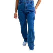 Calça Cargo Jeans Blogueirinha Juvenil Com Regulagem Com Bolsos Laterais Wide Leg 8 ao 16 anos