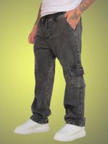 Calça Cargo Jeans Com Cintura Elastcia e Perna Larga Sem Lycra Cor Preto Marmorizada