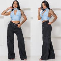 Calça Cargo Jeans Feminina Black Estonada Algodão Bolsos Funcionais