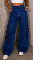 Calça Cargo Jeans Feminina Wide Leg Cintura Alta 23 Graus CorJeansEscuroTamanho42 Calça Cargo Jeans Feminina Wide Leg Cintura Alta 23 Graus CorJeansEscuroTamanho42