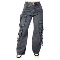 Calça Cargo Jeans Feminina Wide Leg Cintura Alta 23 Graus