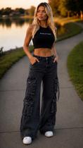 Calça Cargo Jeans Feminina Wide Leg Cintura Alta 23 Graus Calça Cargo Jeans Feminina Wide Leg Cintura Alta 23 Graus