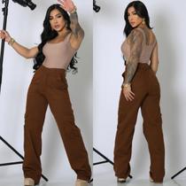 Calça Cargo Jeans Feminina Wide Leg Cor Marrom Moderna e Confortável