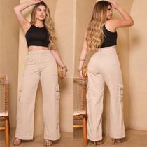 Calça Cargo Jeans Feminina Wide Leg