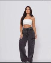 Calça cargo jeans grafite feminina Calça cargo jeans grafite feminina