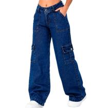 Calça Cargo Jeans Juvenil Feminina Wide Leg Menina 10 ao 16 Cintura Alta 2 Bolsos Laterais Calça Cargo Jeans Juvenil Feminina Wide Leg Menina 10 ao 16 Cintura Alta 2 Bolsos Laterais