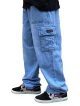 Calça cargo jeans larga bolsos lateral