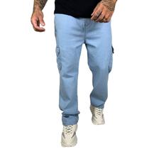 Calça Cargo Jeans Masculina Bolso Lateral Larga Tática Clara