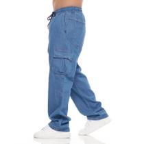 Calça Cargo Jeans Masculino Cos Elástico Cordão Skatista