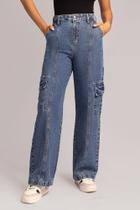 Calça Cargo Jeans Wide Leg Azul Médio