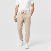 Calça Cargo Jogger Masculina Sarja com Elástico e cordão Moda Streetwear com Bolsos Laterais