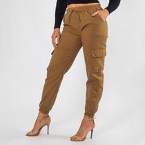 Calça Cargo Jogger Viscolinho Feminina Cós Elástico Cordão