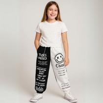 Calça Cargo Juvenil Infantil Menino Menina Emoji Foguinho com Correntinha Preto e Branco Blogueirinha