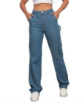 calça cargo wide leg cintura alto com 7 Bolso jeans Medio feminina Lisa sem lycra Algodão Ref: 0155