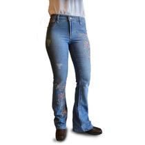 Calça Carpinteira Flare Jeans Feminina Country Azul Bordada