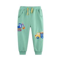 Calça casual para meninos com bolso bordado, roupa exterior infantil, veículos, primavera e outono
