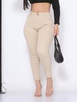Calça Cigarrete/Capri Feminina Bege com Lycra Cintura Alta Modela Bumbum Calça Cigarrete/Capri Feminina Bege com Lycra Cintura Alta Modela Bumbum