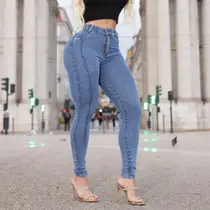 Calça Clássica Jeans Feminina Com Estilo Blogueira Marmorizada de Pinça Frontal
