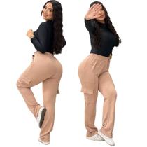 Calça com Bolsos Cargo Wide Leg Femenina Tendencia