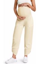 Calça de maternidade Yousify Casual, perna larga, canelada, bege e bolsos