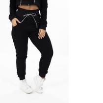 Calça de Moletom Feminina Textura Ondulada Algodão Com Bolsos Cós Ajustável Cadarço Orbis - Preto, M
