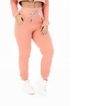 Calça de Moletom Feminina Textura Ondulada Algodão Com Bolsos Cós Ajustável Cadarço Orbis - Rosê, G