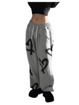 Calça de moletom feminina WDIRARA com estampa de coração com cordão cinza Calça de moletom feminina WDIRARA com estampa de coração com cordão cinza