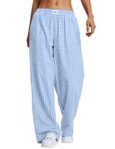 Calça de pijama Lounge LOMON Gingham xadrez, perna larga, algodão, perna larga, feminina
