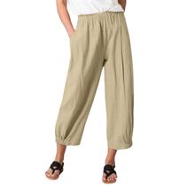 Calça de yoga feminina Korebow de linho, perna larga, capri, caqui