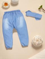 Calça e Faixinha em Jeans Lavagem Clara para Bebê Menina