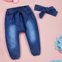 Calça e Faixinha em Jeans Lavagem Escura para Bebê Menina Calça e Faixinha em Jeans Lavagem Escura para Bebê Menina
