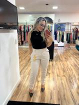Calça Esportiva, Brim, Bege, Cintura Média, Bolsos, Cinto, Botão Forrado, Monkai BM1037