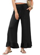 Calça EVALESS Pantalona Cintura Alta com Babado na Barra Preta Calça EVALESS Pantalona Cintura Alta com Babado na Barra Preta