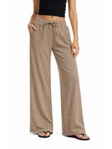 Calça feminina AnotherChill, cintura alta, perna larga, crepe, cáqui Calça feminina AnotherChill, cintura alta, perna larga, crepe, cáqui