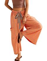 Calça Feminina Bankeng Listrada Pantalona Laranja com Cordão Calça Feminina Bankeng Listrada Pantalona Laranja com Cordão