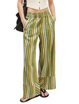 Calça feminina Bozanly listrada de perna larga com cintura elástica Calça feminina Bozanly listrada de perna larga com cintura elástica
