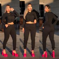 Calça feminina canelada com elastico no cos e bolso social